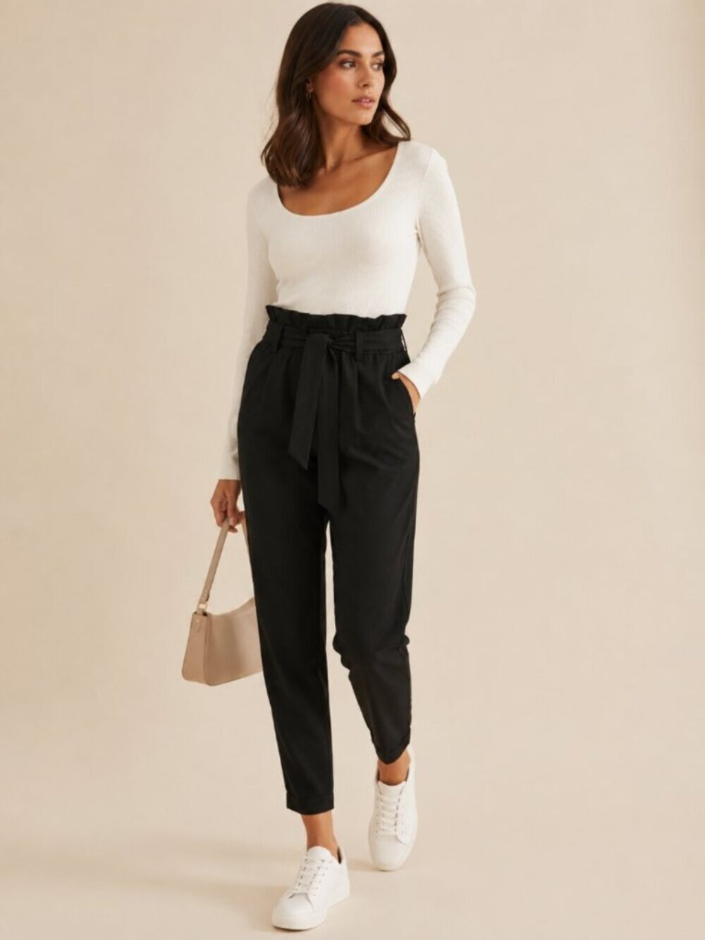 H&M Divided Black Paperbag Tie Waist Ankle Trousers Pants